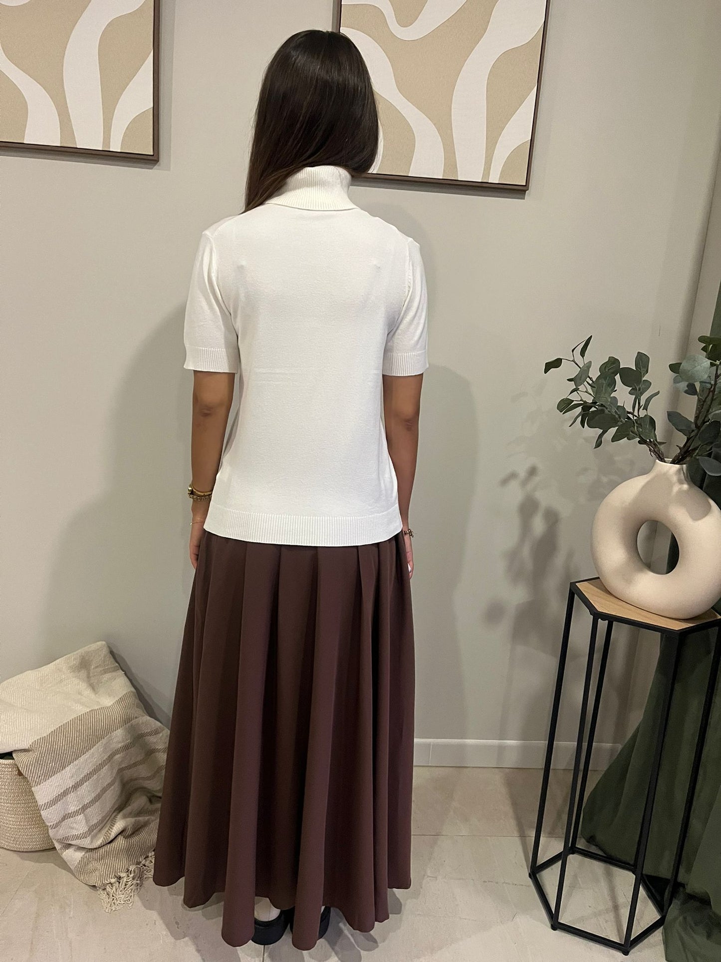 Pull manches courtes col roulé blanc beige