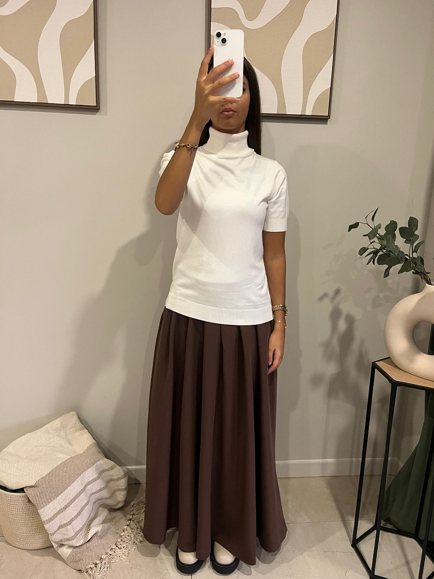 Pull manches courtes col roulé blanc beige
