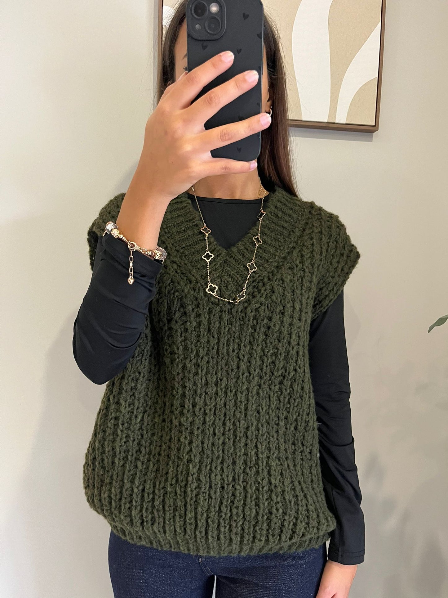 Pull sans manches en maille côtelée – kaki