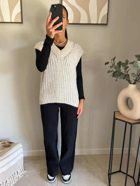 Pull sans manches en maille côtelée – Écru