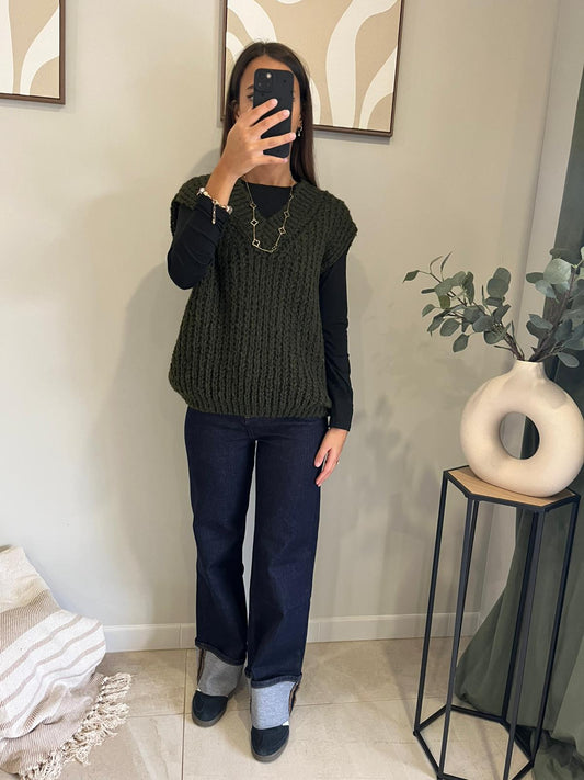 Pull sans manches en maille côtelée –  kaki