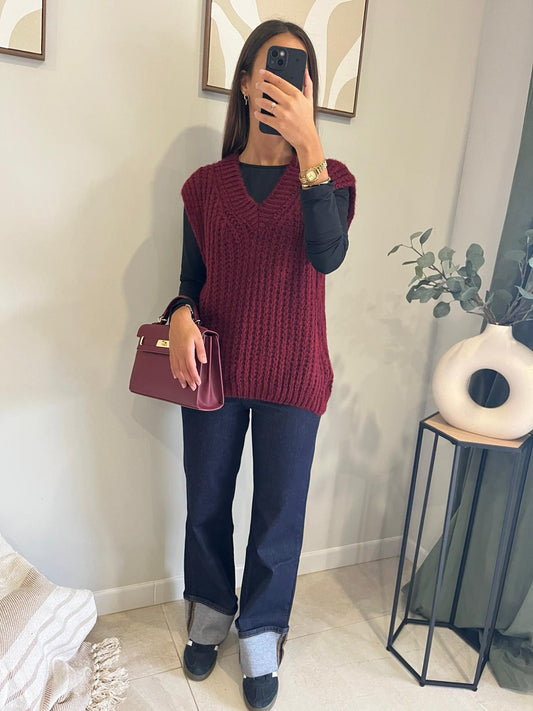 Pull sans manches en maille côtelée – bordeaux